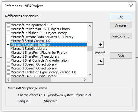 Ajout référence Microsoft Scripting Runtime
