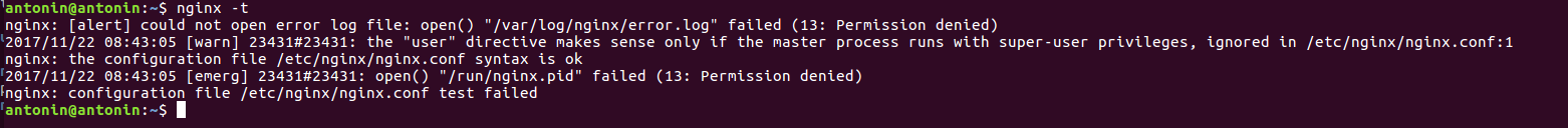 Exemple d'erreur Nginx. Ici mon utilisateur ne possède pas les bons droits pour écrire dans le répertoire de log.