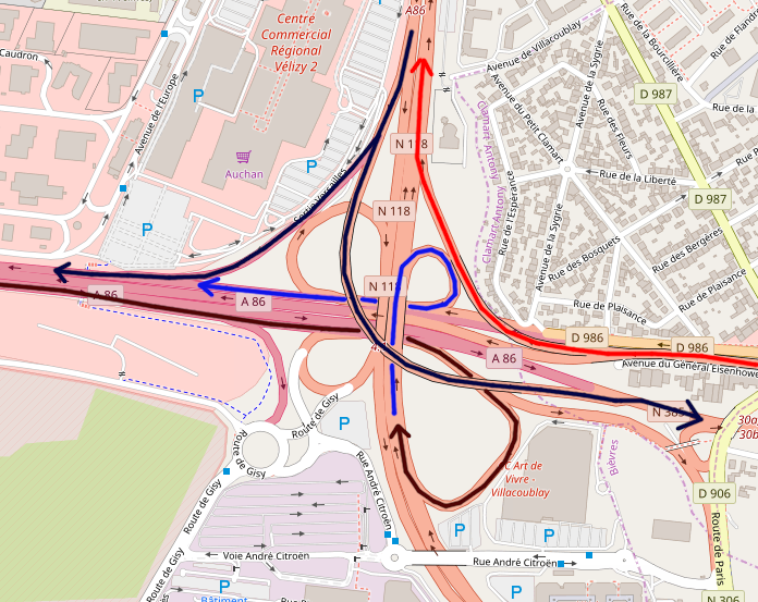 En bleu foncé, les directions possibles depuis la N118 Nord, en bleu clair, depuis la N118 Sud. En rouge foncé, la direction possible depuis l'A86, en rouge clair, depuis la N385. Tiré d'OpenStreetMap.